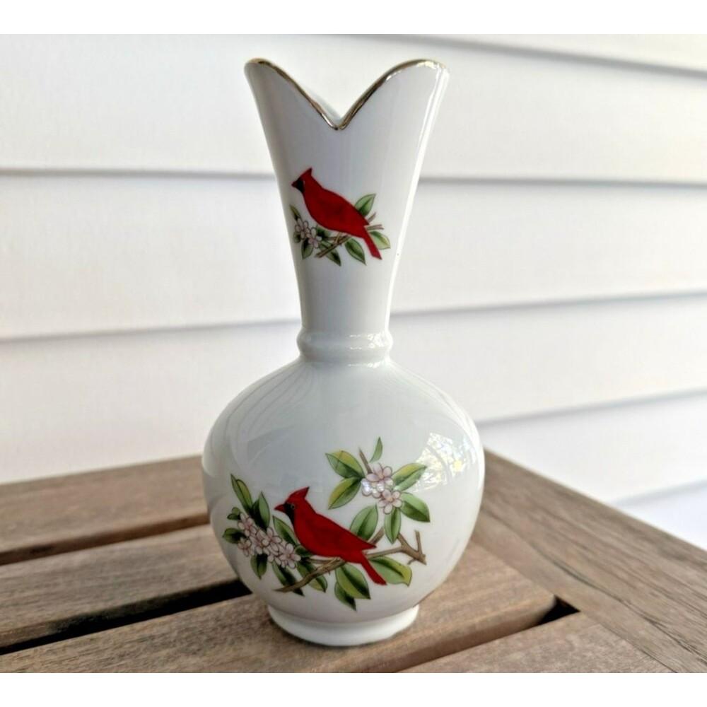 Vintage Lefton China Red Cardinal w/ Holly Bud Vase Gold Rim Japan Xmas 2835